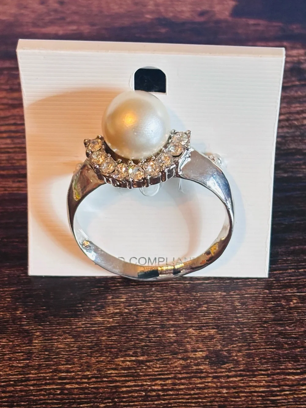 Silver‎ Tone Pearl Ring Brooch with Crystal Rhinestone Halo
